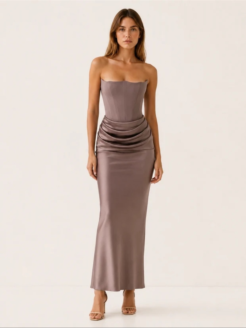 JV Boutique Taupe Strapless Satin Corset Midi Dress